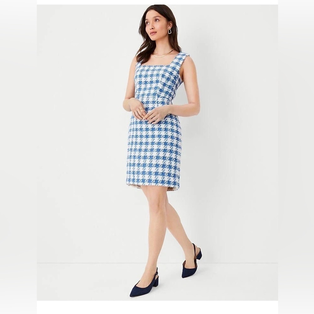 NWT $149 Ann Taylor Square Neck Sheath Dress blue white tweed winter sz 6